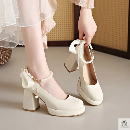Pearl Strap Bow Mary Jane Heels - Fashionnsio