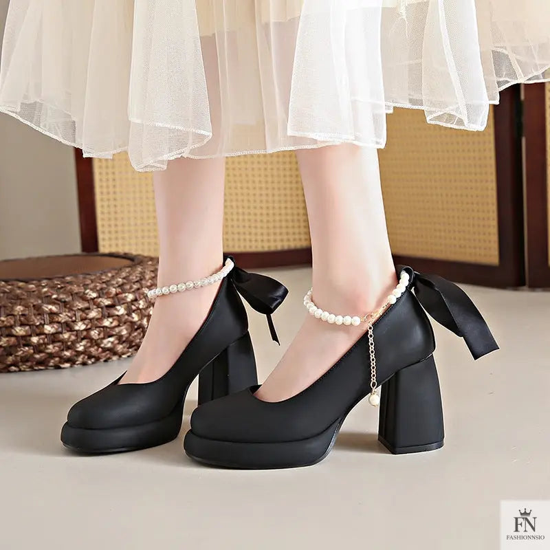 Pearl Strap Bow Mary Jane Heels - Fashionnsio