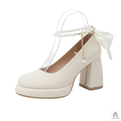 Pearl Strap Bow Mary Jane Heels - Fashionnsio