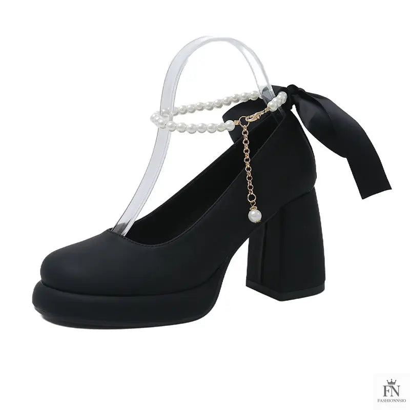 Pearl Strap Bow Mary Jane Heels - Fashionnsio