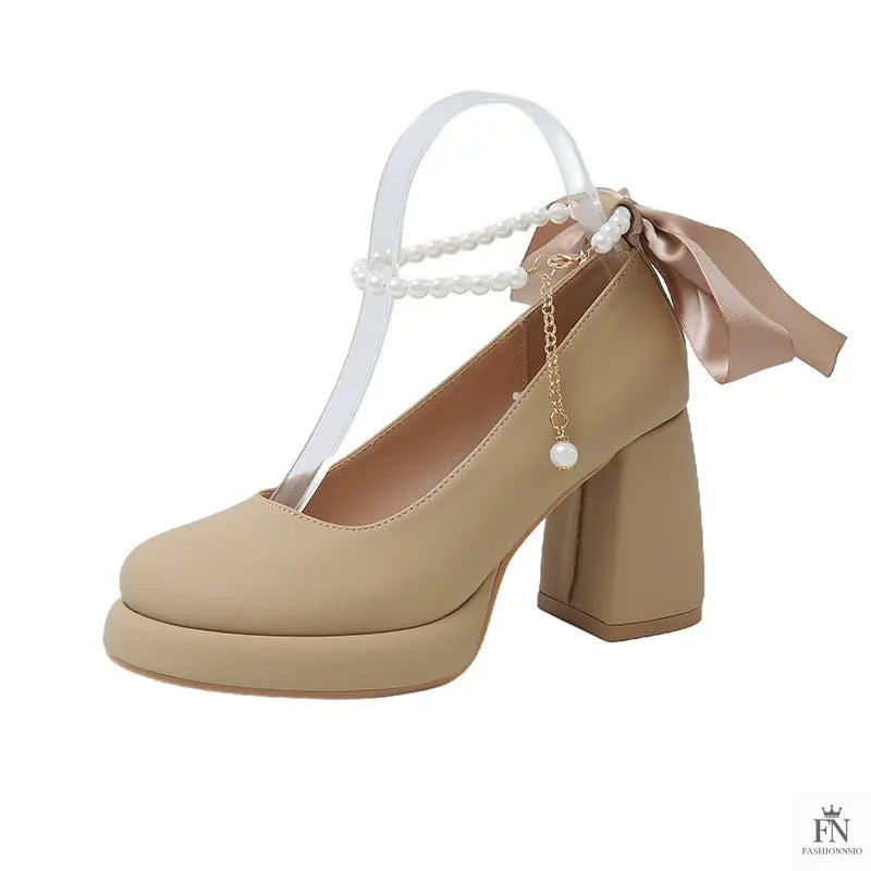 Pearl Strap Bow Mary Jane Heels - Fashionnsio