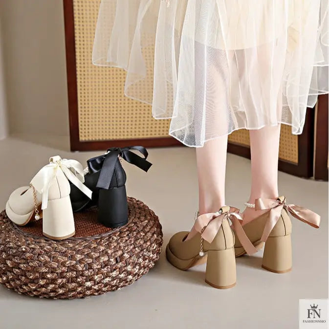 Pearl Strap Bow Mary Jane Heels - Fashionnsio