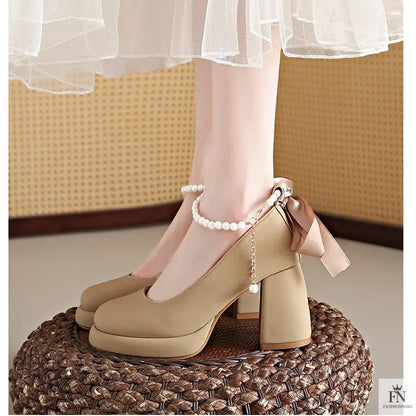 Pearl Strap Bow Mary Jane Heels - Fashionnsio