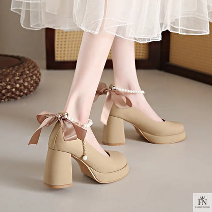 Pearl Strap Bow Mary Jane Heels - Fashionnsio