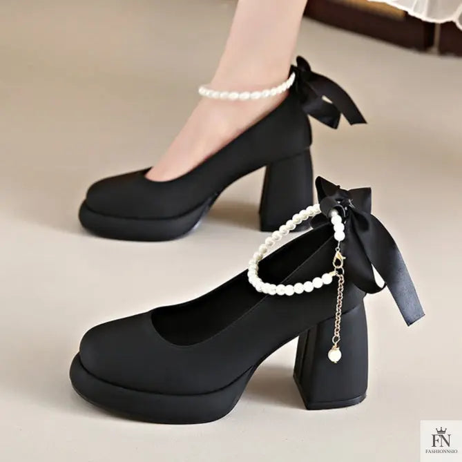 Pearl Strap Bow Mary Jane Heels - Fashionnsio