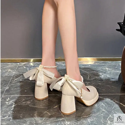 Pearl Strap Bow Mary Jane Heels - Fashionnsio