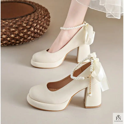 Pearl Strap Bow Mary Jane Heels - Fashionnsio