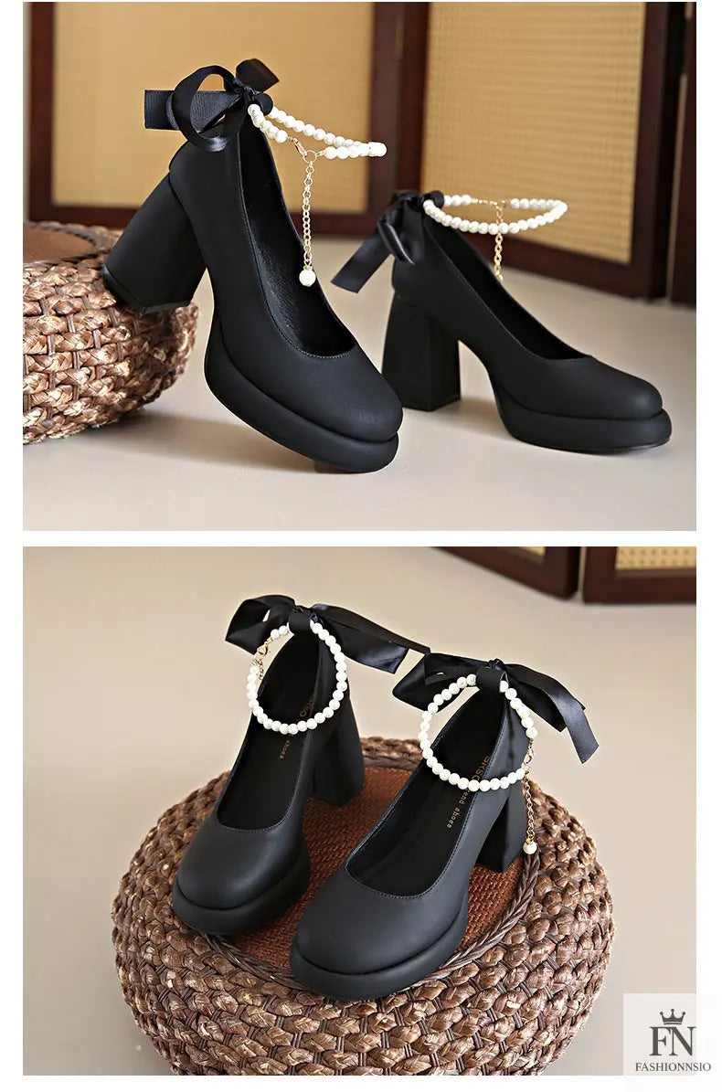 Pearl Strap Bow Mary Jane Heels - Fashionnsio