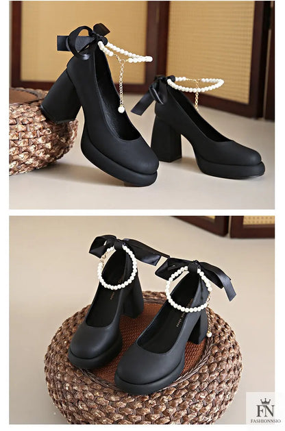 Pearl Strap Bow Mary Jane Heels - Fashionnsio
