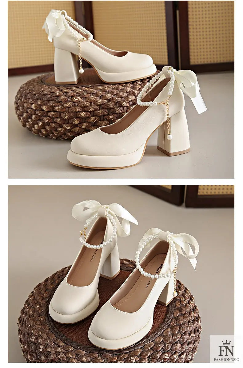 Pearl Strap Bow Mary Jane Heels - Fashionnsio