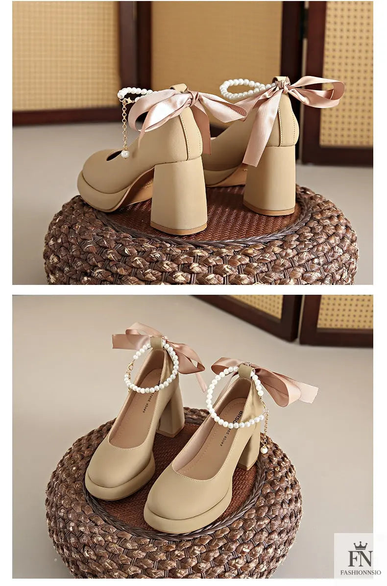 Pearl Strap Bow Mary Jane Heels - Fashionnsio