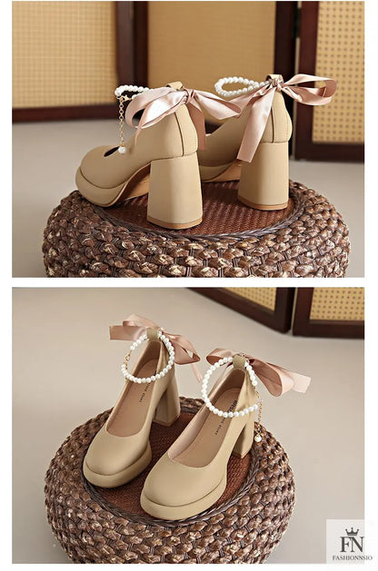 Pearl Strap Bow Mary Jane Heels - Fashionnsio