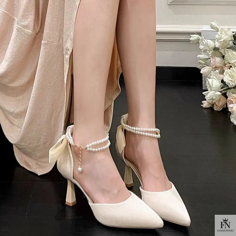 Pearl Strap Fairy Bow Heels - Fashionnsio