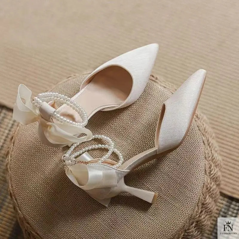Pearl Strap Fairy Bow Heels - Fashionnsio