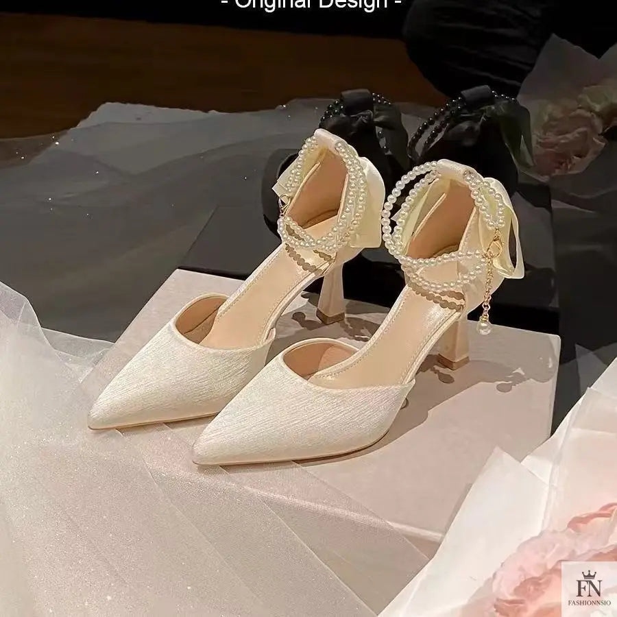Pearl Strap Fairy Bow Heels - Fashionnsio