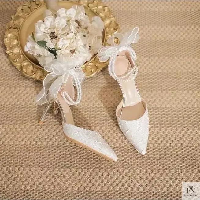 Pearl Strap Ribbon Bow Heels - Fashionnsio
