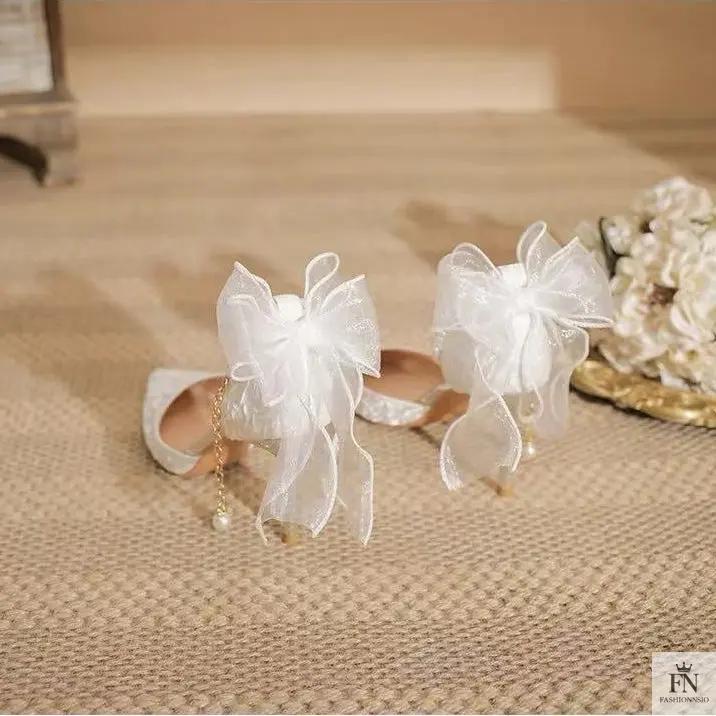 Pearl Strap Ribbon Bow Heels - Fashionnsio