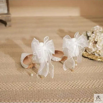 Pearl Strap Ribbon Bow Heels - Fashionnsio