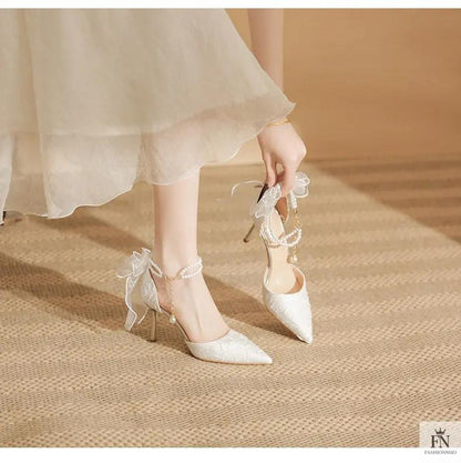Pearl Strap Ribbon Bow Heels - Fashionnsio