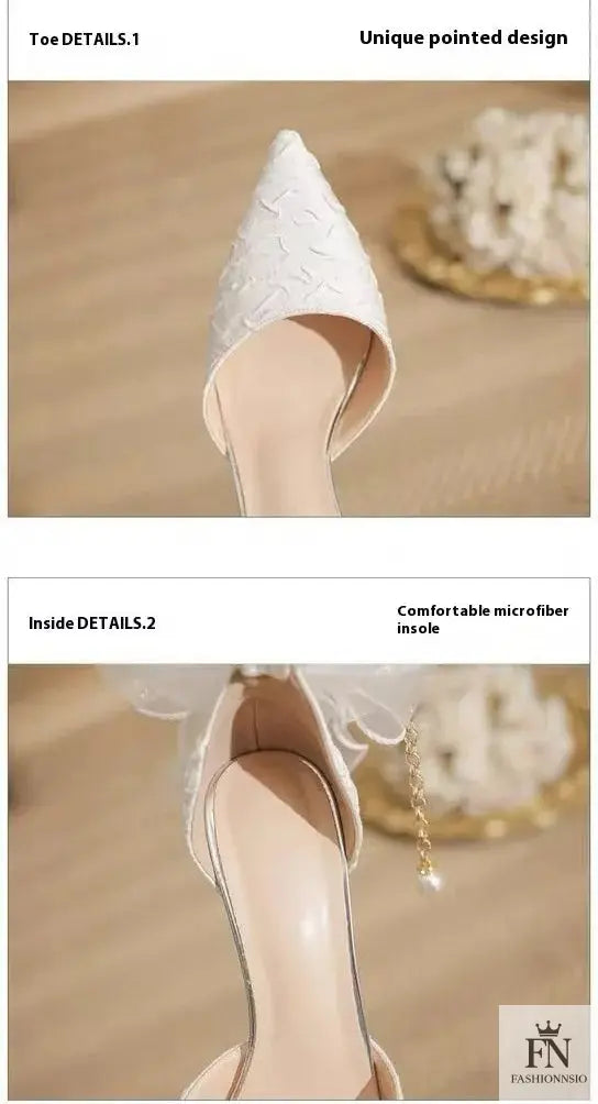 Pearl Strap Ribbon Bow Heels - Fashionnsio