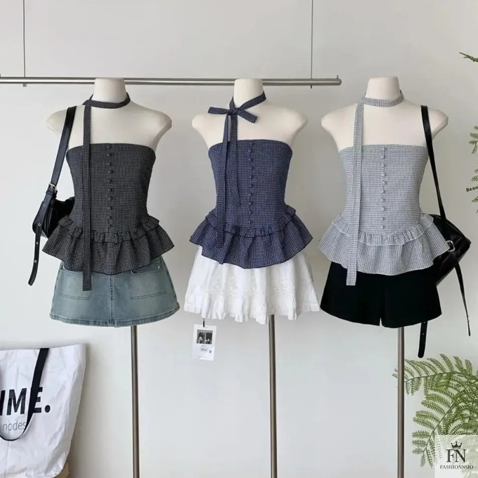 Plaid Tube Top With Scarf - Fashionnsio