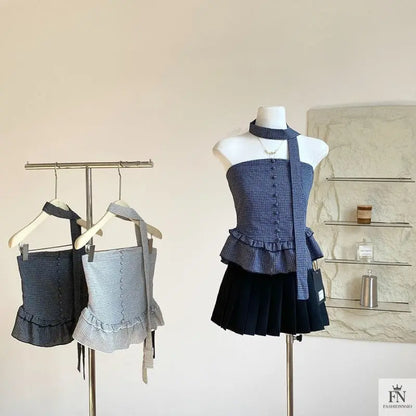 Plaid Tube Top With Scarf - Fashionnsio