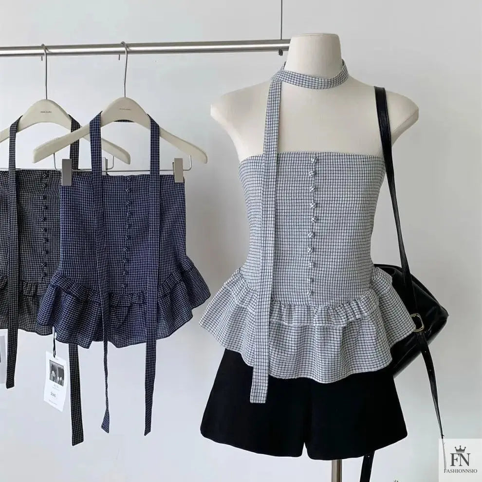 Plaid Tube Top With Scarf - Fashionnsio