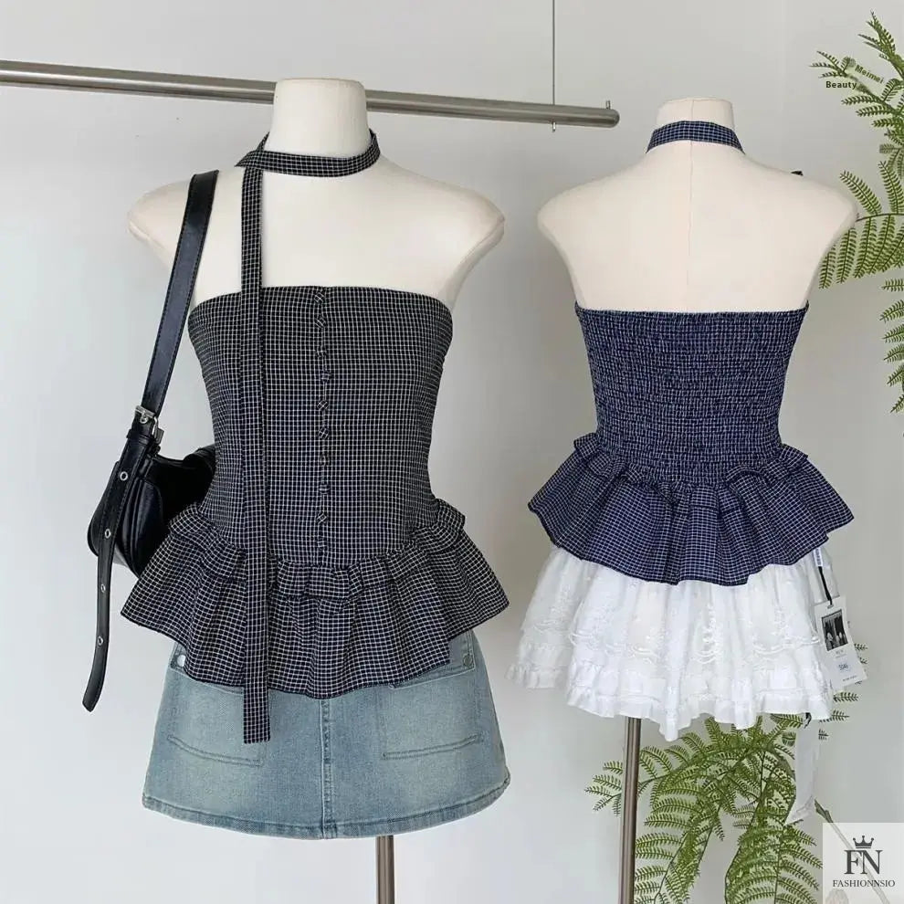 Plaid Tube Top With Scarf - Fashionnsio