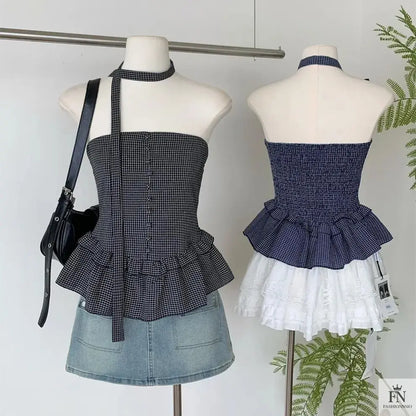 Plaid Tube Top With Scarf - Fashionnsio