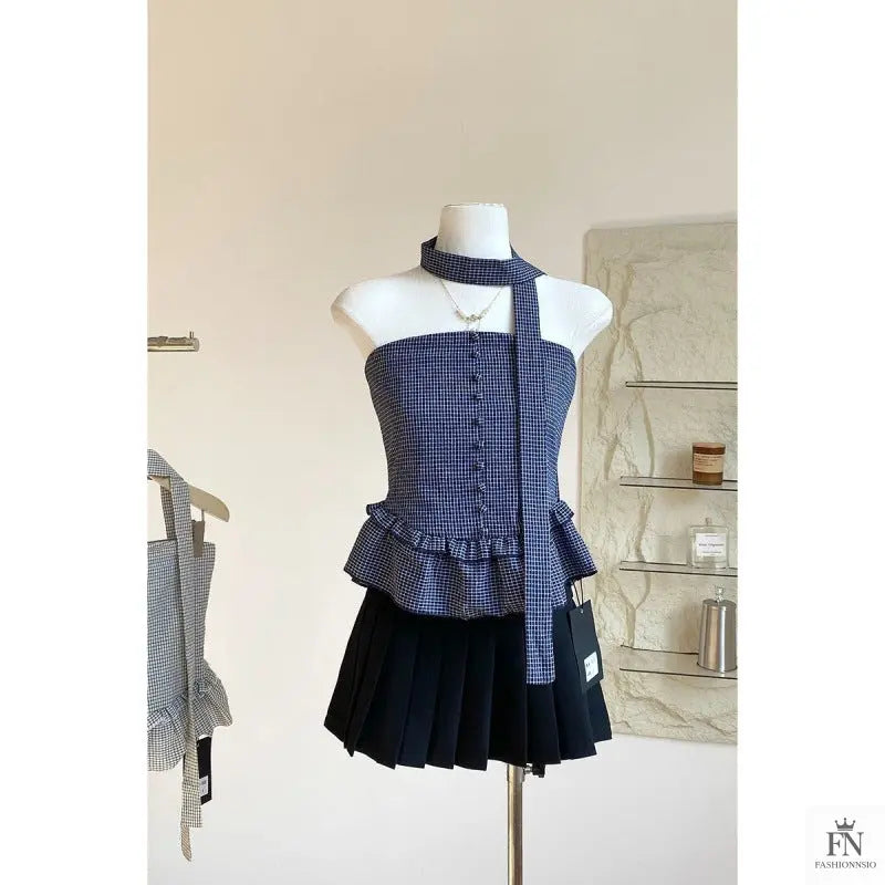 Plaid Tube Top With Scarf - Fashionnsio