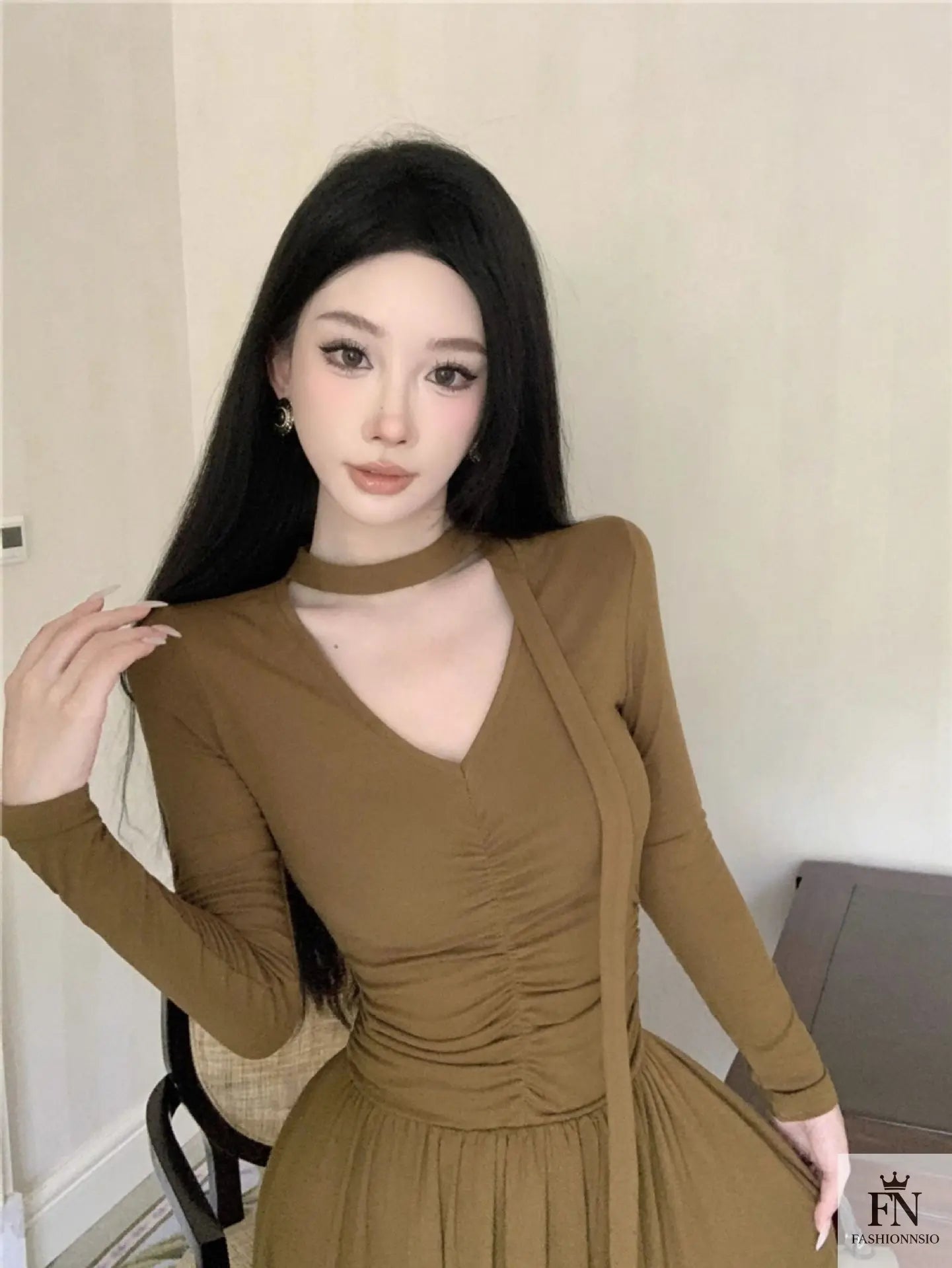 Pleated Long Dress With Scarf - Fashionnsio