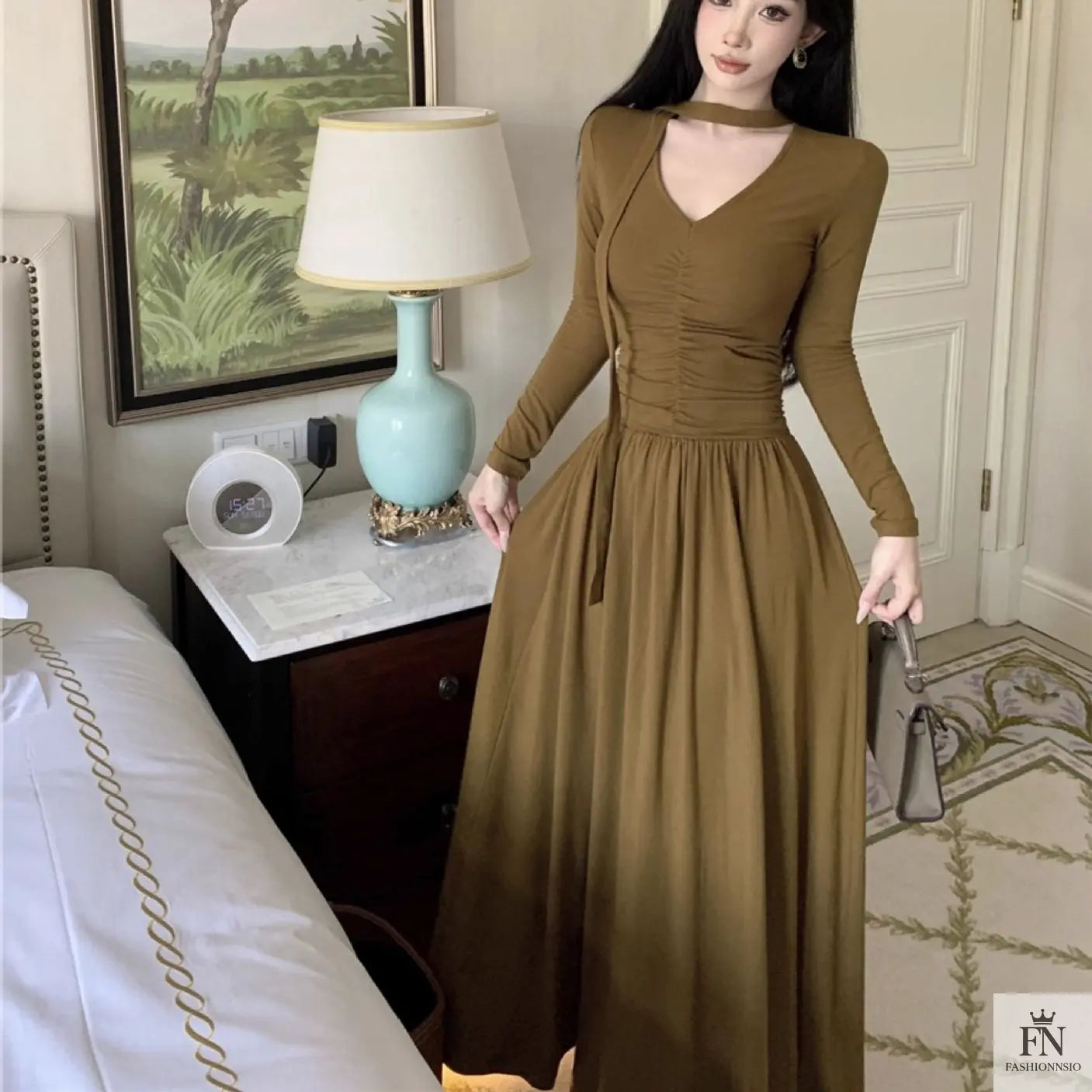 Pleated Long Dress With Scarf - Fashionnsio