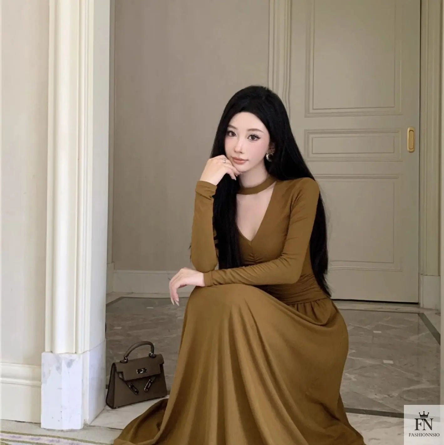 Pleated Long Dress With Scarf - Fashionnsio