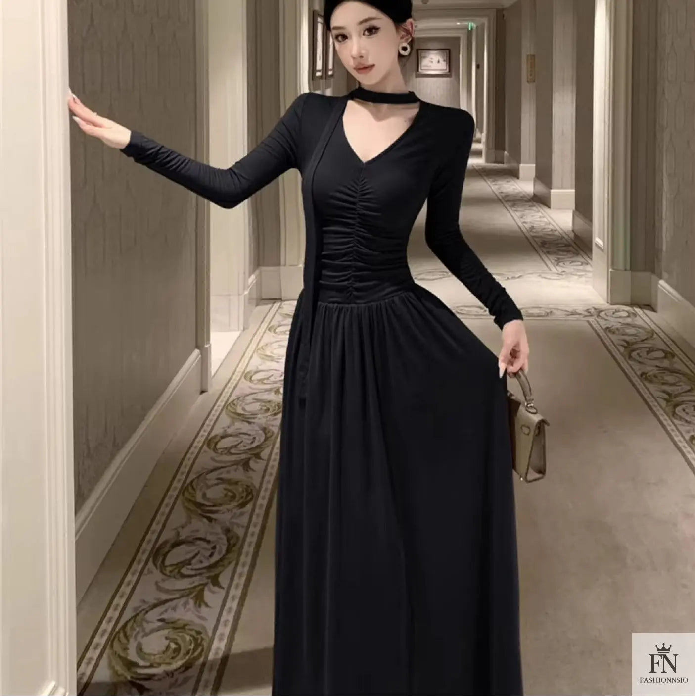 Pleated Long Dress With Scarf - Fashionnsio