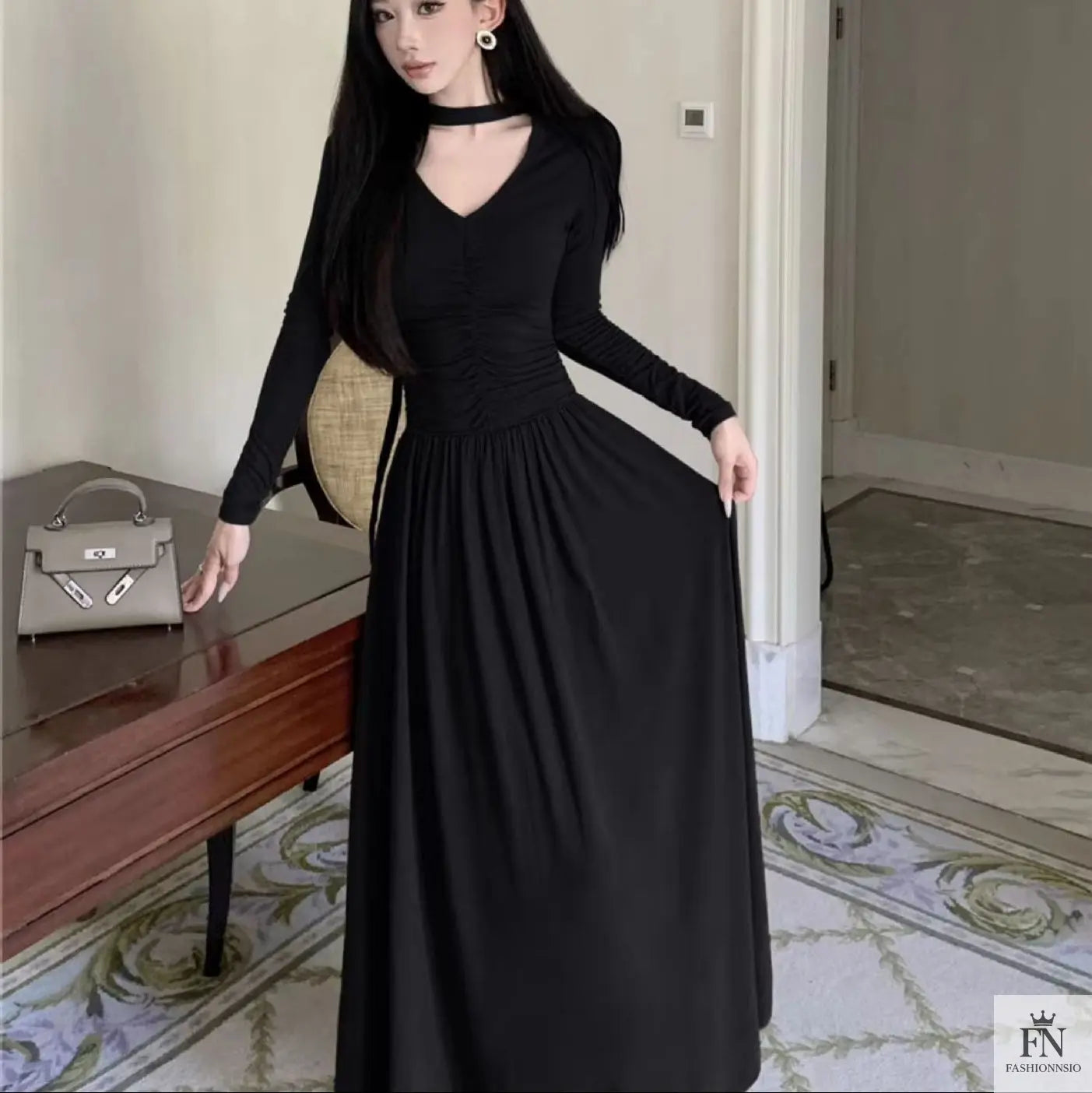 Pleated Long Dress With Scarf - Fashionnsio