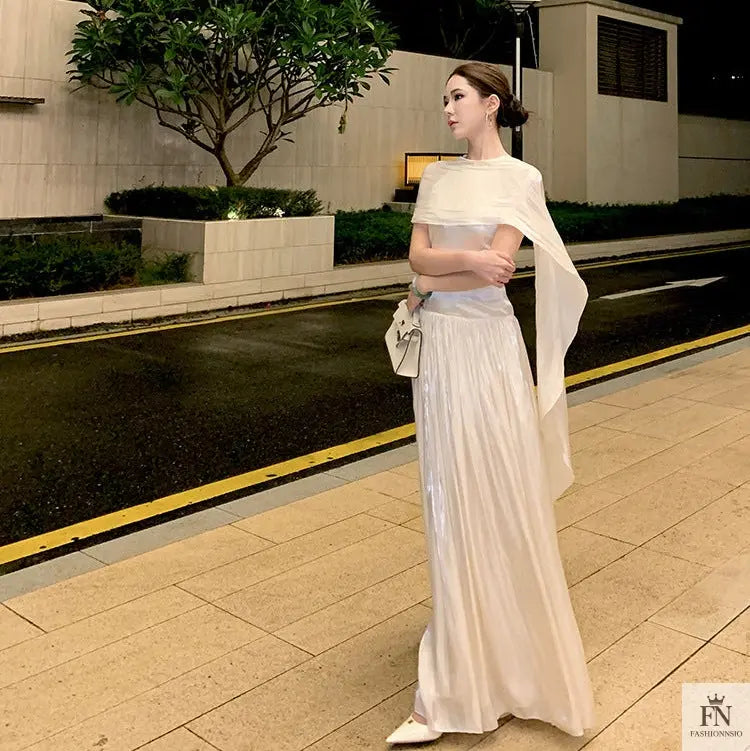 Pleated Long Dress With Scarf - Fashionnsio