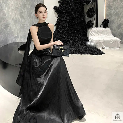 Pleated Long Dress With Scarf - Fashionnsio