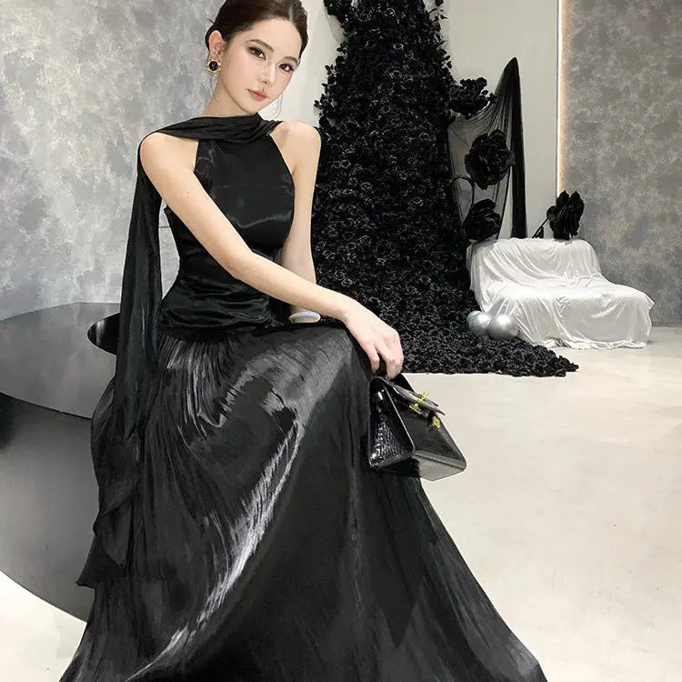 Pleated Long Dress With Scarf - Fashionnsio