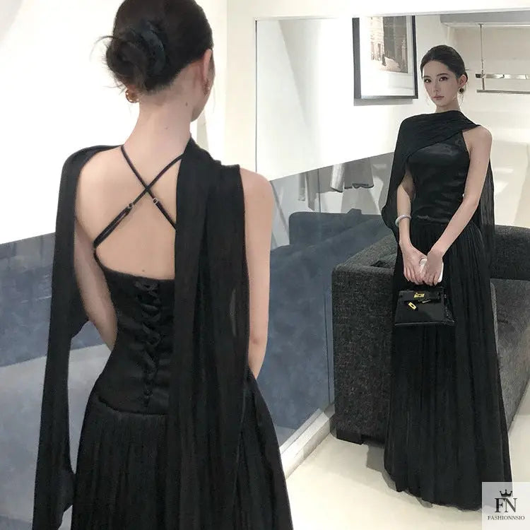 Pleated Long Dress With Scarf - Fashionnsio