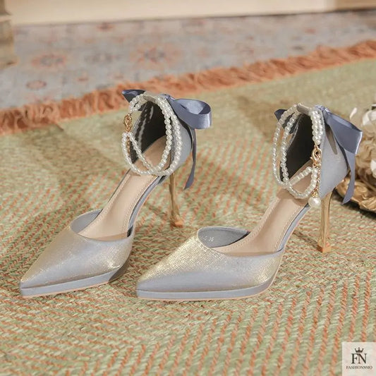 Pointed Pearl Anklet Platform Bow Heels - Fashionnsio