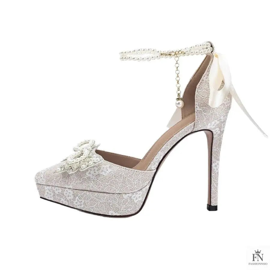 Pointed Pearl Embellish Bow Heels - Fashionnsio