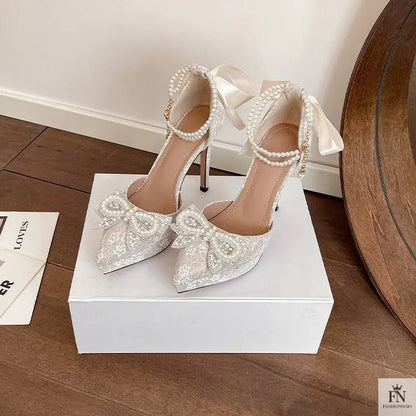 Pointed Pearl Embellish Bow Heels - Fashionnsio