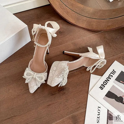 Pointed Pearl Embellish Bow Heels - Fashionnsio