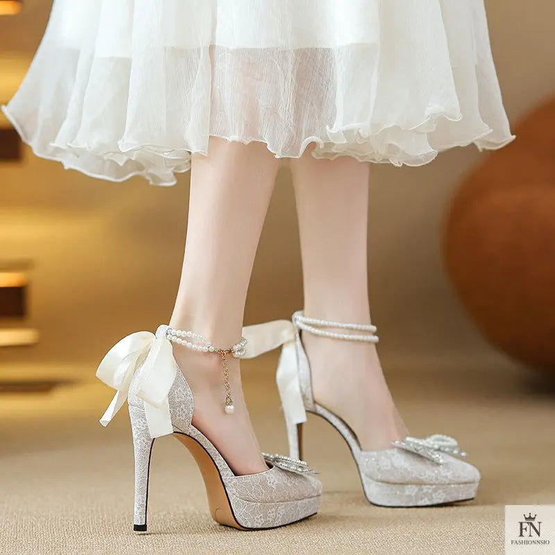 Pointed Pearl Embellish Bow Heels - Fashionnsio