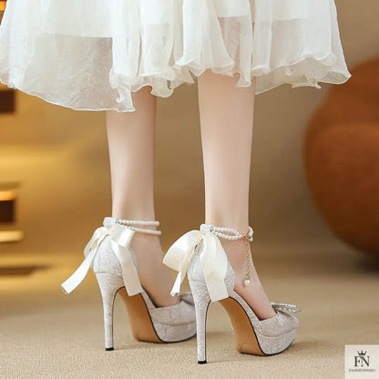 Pointed Pearl Embellish Bow Heels - Fashionnsio