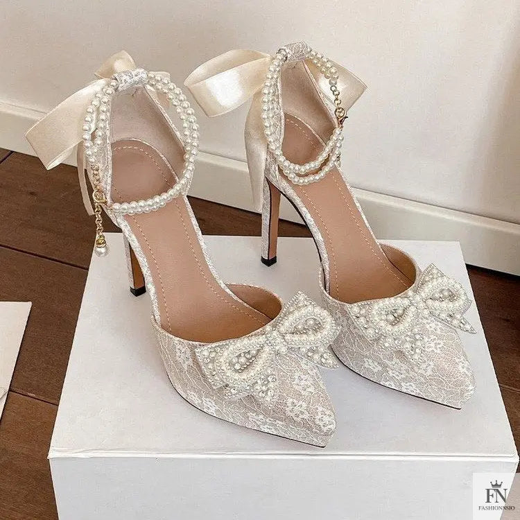 Pointed Pearl Embellish Bow Heels - Fashionnsio