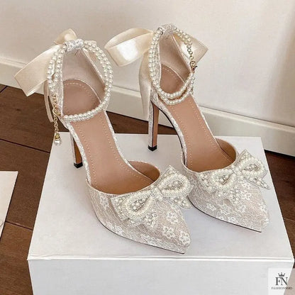Pointed Pearl Embellish Bow Heels - Fashionnsio