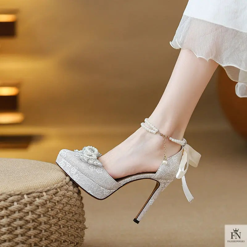 Pointed Pearl Embellish Bow Heels - Fashionnsio