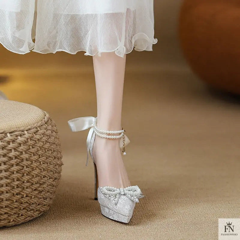 Pointed Pearl Embellish Bow Heels - Fashionnsio