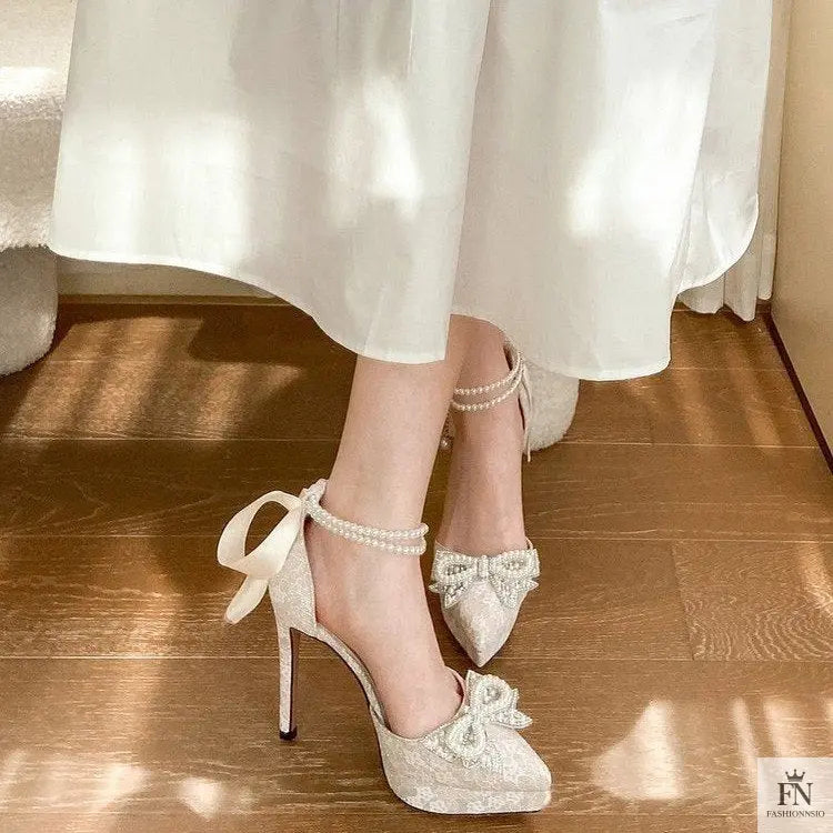 Pointed Pearl Embellish Bow Heels - Fashionnsio